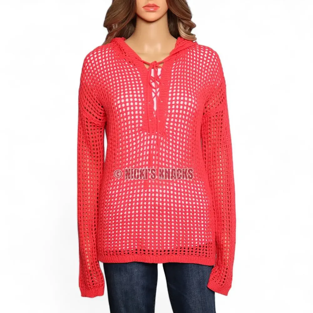 Mododoc Pointelle Open Stitch Hooded Lace-Up Sweater Neon Coral Size M